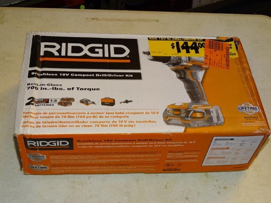 (R9) RIGID 18V BRUSHLESS COMPACT DRILL/DRIVER KIT; 6 PIECE DRILL/DRIVER KIT INCLUDES A DRILL, 2 18V