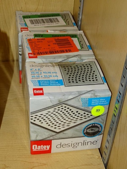 (R4) LOT OF OATEY DESIGNLINE DRAINS; 3 PIECE LOT OF WAVE PATTERNED, 4" X 4", SQUARE DRAINS.