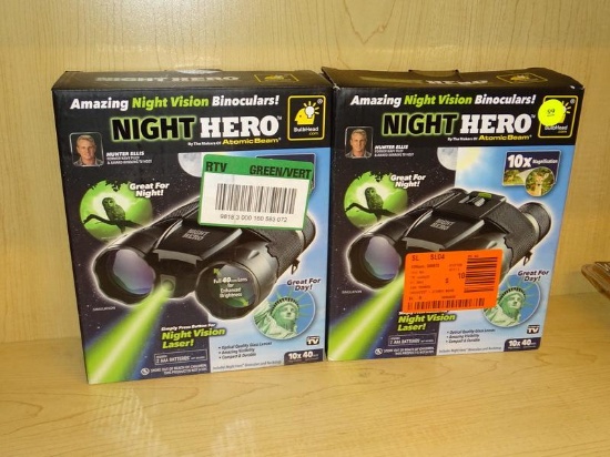 (R4) SET OF 2 NIGHT HERO NIGHT VISION BINOCULARS WITH 10X MAGNIFICATION. COMES IN OPENED BOX.