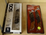 (R5) PAIR OF FOLDING KNIVES; 2 PIECE LOT TO INCLUDE A HUSKY FOLDING WOOD HANDLE KNIFE SET WITH A BOX