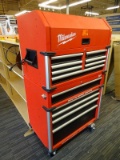 (R1) MILWAUKEE STORAGE CHEST AND CABINET; PAIR OF RED AND BLACK 36 IN HIGH CAPACITY STACKABLE STEEL