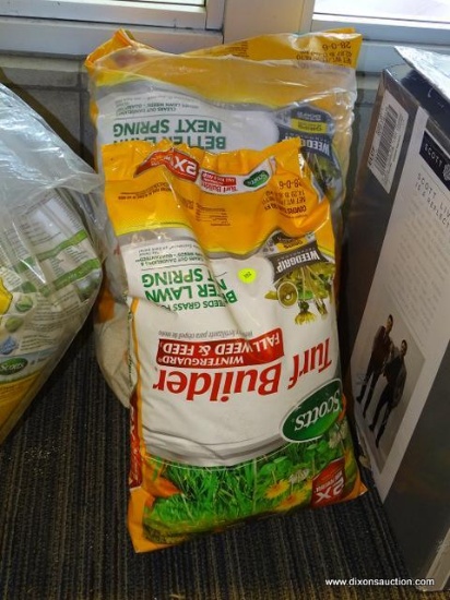 (WINDOW) SCOTTS TURF BUILDER; 14 LB. AND A 42 LB. BAG OF "FALL WEED AND FEED" TURF BUILDER WITH