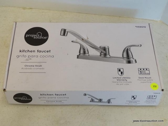 (R1) PROJECT SOURCE KITCHEN FAUCET; CHROME 2-HANDLE DECK MOUNT LOW-ARC RESIDENTIAL KITCHEN FAUCET.