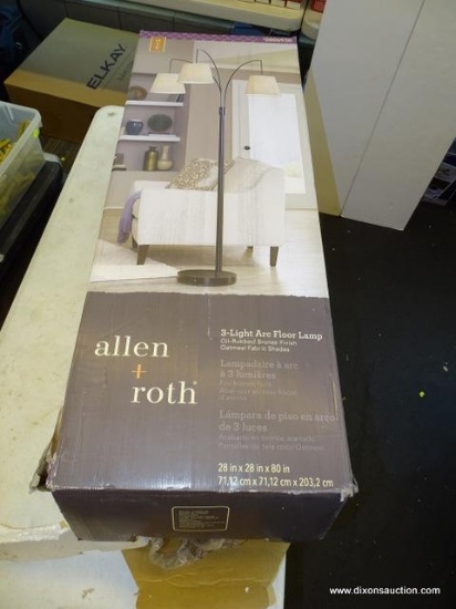 (R1) ALLEN + ROTH 3-LIGHT ARC FLOOR LAMP WITH A BRONZE FINISH AND OATMEAL SHADES. MEASURES 80 IN