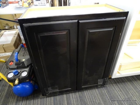 KITCHEN CABINET; COMPOSITE CABINET WITH WOOD GRAIN VENEER, PAINTED BLACK. WALL HANGING SHELVING