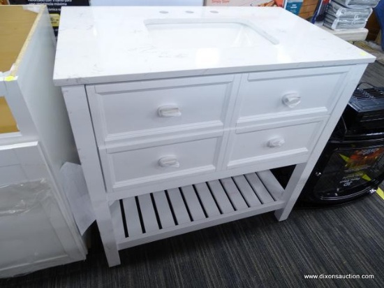 SCOTT LIVING VANITY; CANTERBURY 36-IN WHITE SINGLE SINK BATHROOM VANITY WITH NATURAL CARRARA MARBLE