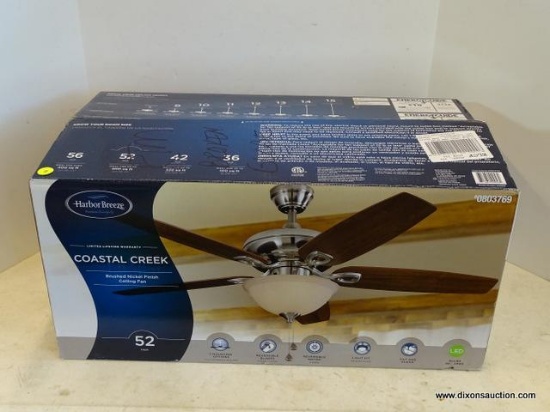 (WINDOW) HARBOR BREEZE CEILING FAN; COASTAL CREEK 52-IN BRUSHED NICKEL LED INDOOR CEILING FAN WITH