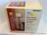 (R1) PORTFOLIO BARADA STYLE FLOOR LAMP WITH AN OIL-RUBBED BRONZE FINISH AND A BEIGE SHADE. MEASURES