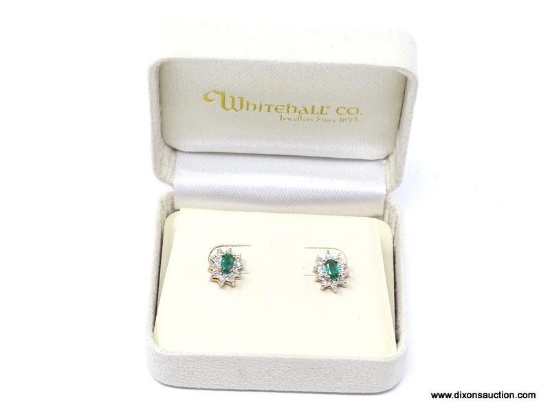 LADIES GOLD, EMERALD AND DIAMOND EARRINGS; 14K YELLOW GOLD FLOWER SHAPED LADIES EARRINGS WITH