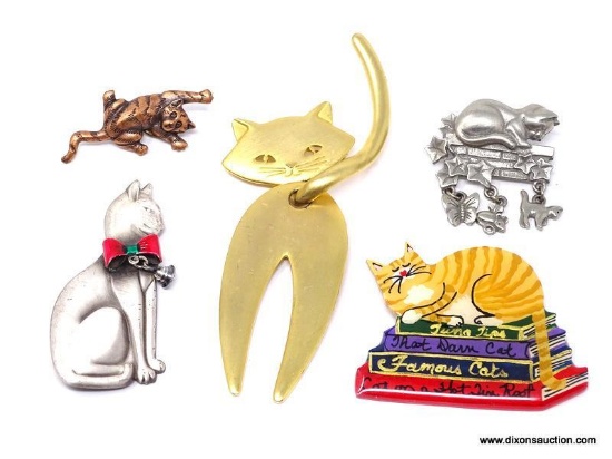 LOT OF CAT THEMED BROOCHES/PINS; 5 PIECE LOT INCLUDES A METAL CAT WITH BELL, A LARGE GOLD TONE CAT,A