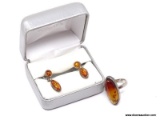 LADIES AMBER .925 SET; STERLING SILVER .925 RING WITH LARGE OVAL CUT AMBER CENTER STONE AND MATCHING