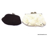 AIR OF VINTAGE COIN PURSES; LOT INCLUDES A SMALL DARK BROWN COIN PURSE AND A WHITE SEQUINED PURSE
