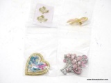 LOT OF ASSORTED BROOCHES; 4 PIECE LOT INCLUDES 2 SWAN PINS WITH BLACK EYES AND RHINESTONES, A PINK