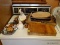 (LAUNDRY) MISC.. LOT ON DRYER; LOT INCLUDES MAPLE CUTTING BOARD, 2 TRAYS, 2 WOODEN AND CORK HOT