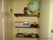 (RT BEDROOM) SHELF LOT; LOT INCLUDES REVOLVING GLOBE ON STAND, 8 IN COACH STYLE OIL LAMP, FOLDING