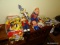 (RT BDRM) DOLLS AND CARTOON FIGURES; BOX LOT OF MISC.. CARTOON FIGURES THAT INCLUDE DONALD DUCK,