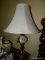 (MBED) PR. OF LAMPS- PR. OF PAINTED MILK GLASS AND BRASS BASE LAMPS WITH SILK SHADES-25 IN H