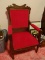 (PINKBR) VICTORIAN ARMCHAIR; CARVED VICTORIAN ARMCHAIR WITH A RED CLOTH UPHOLSTERED SEAT, BACKREST