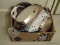 (DR) LOT OF ASSORTED SILVER-PLATE; BOX LOT TO INCLUDE AN EXPANDABLE TRIVET, A BUTTER DISH, ASSORTED