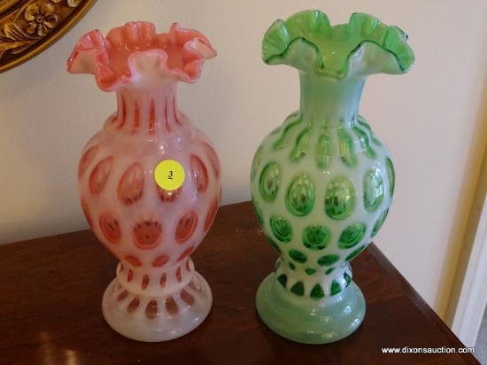 (FOYER) VASES; PAIR OF FENTON THUMBPRINT OPALESCENT FLUTED VASES- 9 IN H
