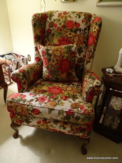 (LR) BOULDIN'S INC. WINGBACK ARM CHAIR; 1 IN A PAIR OF RED AND PEACH FLORAL UPHOLSTERED WINGBACK ARM