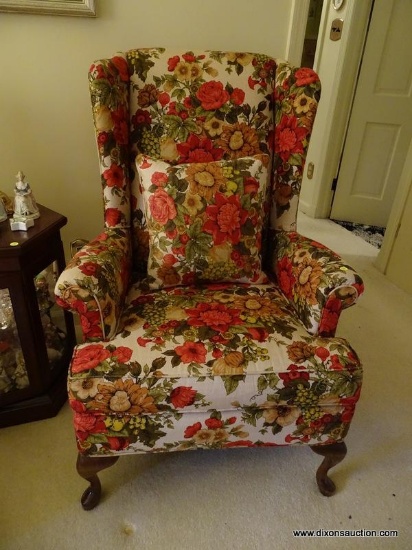 (LR) BOULDIN'S INC. WINGBACK ARM CHAIR; 1 IN A PAIR OF RED AND PEACH FLORAL UPHOLSTERED WINGBACK ARM