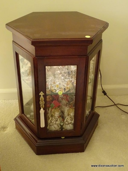 (LR) HEXAGONAL SIDE TABLE DISPLAY CASE; WOODEN, 6-SIDED DISPLAY CASE WITH AN OVERHEAD LIGHT AND A