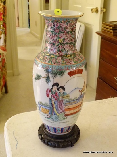 (LR) ORIENTAL VASE ON STAND; HAND PAINTED, 12" ORIENTAL VASE WITH AN ORIENTAL SCENE ON ONE SIDE AND