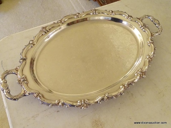 (LR) BRISTOL SILVER-PLATE BY POOLE SERVING TRAY; VINTAGE SILVER-PLATE SERVING TRAY WITH HANDLES,