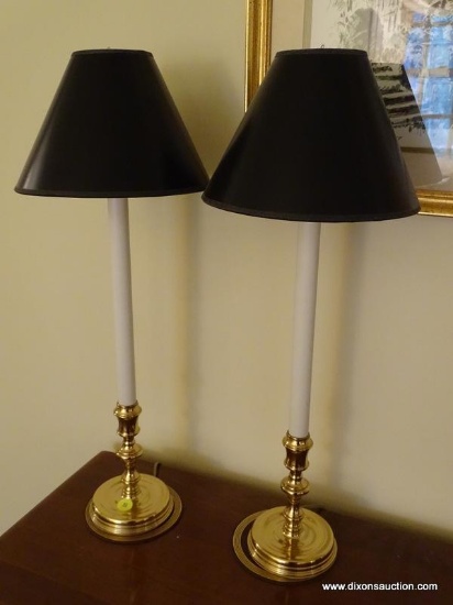 (LR) PAIR OF CANDLESTICK STYLE TABLE LAMPS; 2 PIECE SET OF TURNED BRASS, CANDLESTICK STYLE TABLE