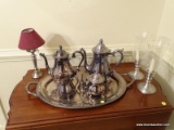 (DR) SILVER-PLATE TEA SET AND PEWTER CANDLESTICKS; 9 PIECE LOT TO INCLUDE 2 MATCHING PEWTER