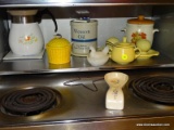 (KIT) SHELF LOT; SHELF LOT ON STOVE INCLUDES- WESSON OIL CROCK WITH FRIDGE MAGNETS, HONEY POT,