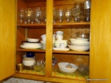 (KIT) CABINET LOT; LOT INCLUDES- LARGE SET OF WATER GOBLETS, SHRIMP GLASSES, CORELLE DISHES, MISC..