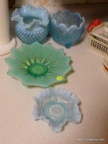 (KIT) VINTAGE GLASS; MISC.. LOT OF VINTAGE OPALESCENT GLASS- BLUE HOBNAIL FLUTED VASE- 5 IN AND BON