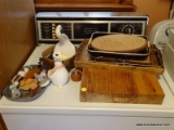 (LAUNDRY) MISC.. LOT ON DRYER; LOT INCLUDES MAPLE CUTTING BOARD, 2 TRAYS, 2 WOODEN AND CORK HOT