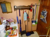 (LAUNDRY) WALL LOT; ALL ITEMS ON AND ALONG WALL BEHIND DOOR- INCLUDES BROOMS. CANES BISSELL FLOOR