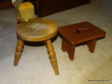 (DEN) PAIR OF CHILDREN'S STOOLS; 2 PIECE LOT OF WOODEN STOOLS TO INCLUDE A CHERRY STOOL WITH A HEART