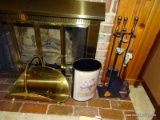 (DEN) LOT OF FIREPLACE ACCESSORIES; 4 PIECE LOT TO INCLUDE A BRASS LOG HOLDER, A FIREPLACE TOOL SET