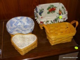 (DEN) LOT OF LONGABERGER HANDWOVEN BASKETS; 4 PIECE LOT TO INCLUDE A RECIPE BASKET WITH CLOTH