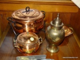 (DEN) LOT OF COPPER DISHES AND A BRASS URN; 4 PIECE LOT TO INCLUDE A COPPER POTPOURRI POT, A