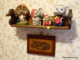(LAUNDRY) WALL LOT; LOT INCLUDES WOODEN SHELF- 19 IN X 7 IN X 7 IN WITH MOUSE FIGURES- 7 IN H AND