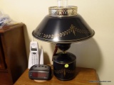 (RT BDRM) TABLE LOT- LOT INCLUDES METAL TOLE PAINTED LAMP WITH SHADE- 17 IN, CORDLESS PHONE AND