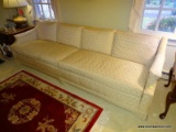 (LR) MANORCRAFT INC. 3-PERSON SOFA; TAN AND CREAM GEOMETRIC PATTERNED, 3-PERSON, 2-CUSHION SOFA.