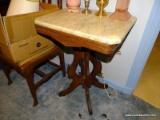 (BLUEBR) VICTORIAN MARBLE TOP SIDE TABLE; ANTIQUE MARBLE TOP TABLE WITH 4 BRACKET CARVED LEGS.