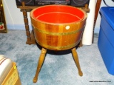 (BLUEBR) WOODEN ICE BUCKET; BARREL STYLE ICE BUCKET SITTING ON 3 TURNED LEGS AND COMES WITH A RED