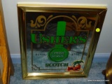 (BLUEBR) USHER'S GREEN STRIPE SCOTCH ADVERTISEMENT MIRROR IN A BRASS FRAME. MEASURES 15