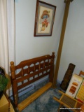 (BLUEBR) TWIN SIZED BED; WOODEN TWIN SIZED BED FRAMED WITH A TURNED BANNISTER HEAD AND FOOTBOARD.