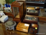 (MBED) JEWELRY BOX LOT; 4 BOXES AND AND JEWELRY ARMOIRE- INLAID MUSICAL JEWELRY BOX, METAL BOX, 2