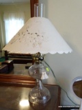 (MBED) OIL LAMP; ANTIQUE OIL LAMP CONVERTED ELECTRIC WITH PAPER CUT OUT SHADE- 20 IN