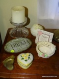 (MBED) MISC.. LOT ON STAND; LOT INCLUDES- TRINKET BOXES, ALARM CLOCK, CANDLE STAND AND CANDLE,